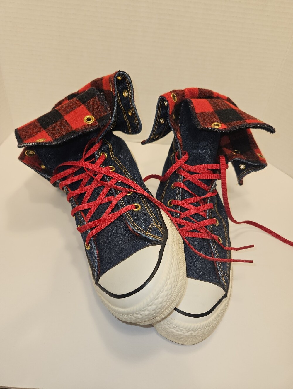 Converse Vintage XXHI Fold Down Denim Plaid All Star High Top Sneakers Sz 8 1/2
